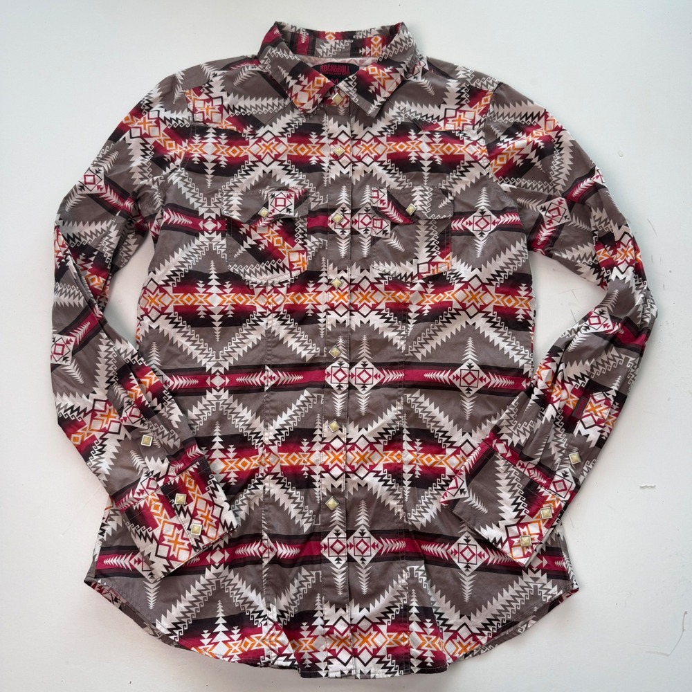Rock and Roll Denim Girls Southwestern Grey Pink Pearl Snap Western Shirt M